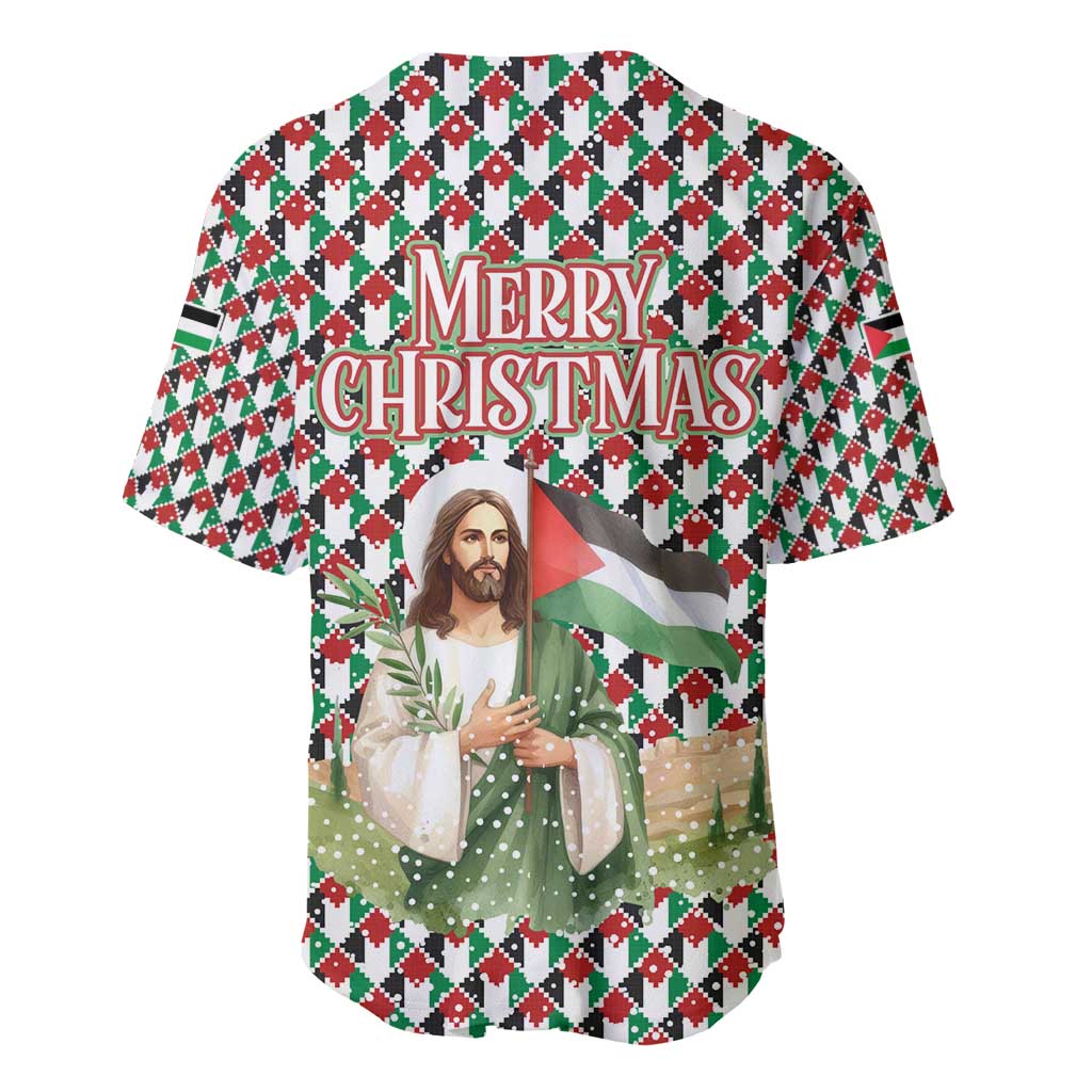 Palestine Christmas Baseball Jersey with Red-Green Pattern, Golden Eagle Emblem, and Jesus Holding Flag Motif - Wonder Print Shop