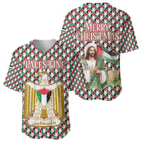Palestine Christmas Baseball Jersey with Red-Green Pattern, Golden Eagle Emblem, and Jesus Holding Flag Motif - Wonder Print Shop