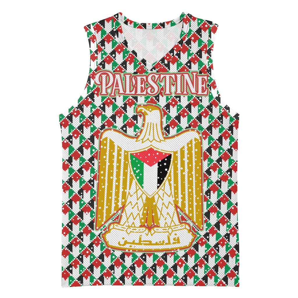 Palestine Christmas Basketball Jersey with Red-Green Pattern, Golden Eagle Emblem, and Jesus Holding Flag Motif - Wonder Print Shop