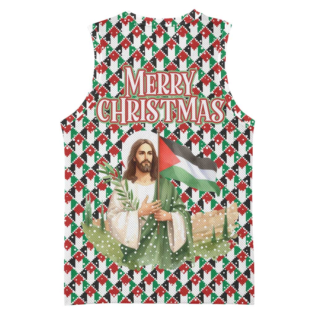 Palestine Christmas Basketball Jersey with Red-Green Pattern, Golden Eagle Emblem, and Jesus Holding Flag Motif - Wonder Print Shop