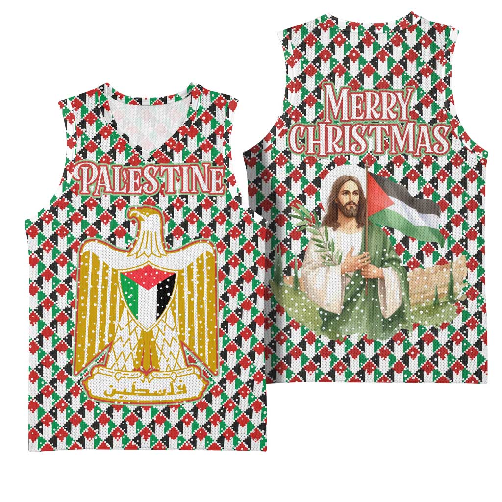 Palestine Christmas Basketball Jersey with Red-Green Pattern, Golden Eagle Emblem, and Jesus Holding Flag Motif - Wonder Print Shop