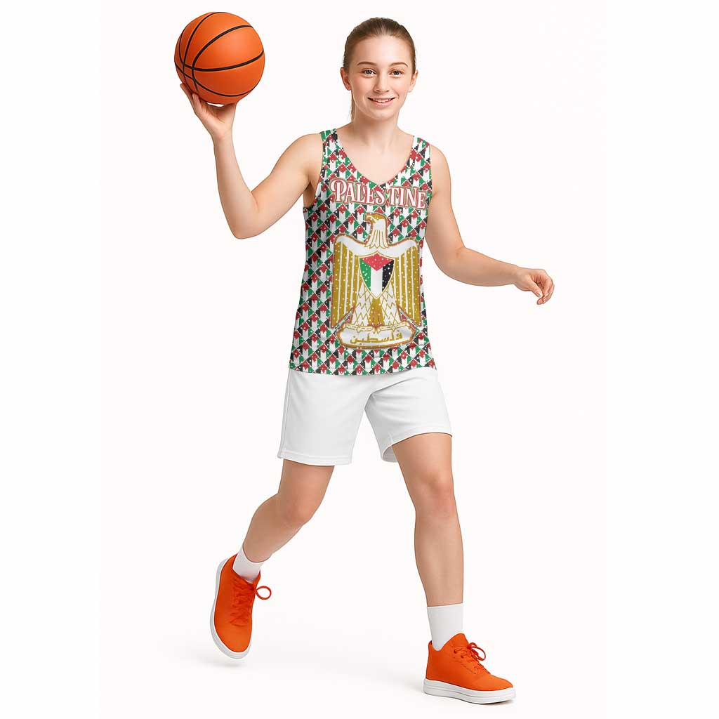 Palestine Christmas Basketball Jersey with Red-Green Pattern, Golden Eagle Emblem, and Jesus Holding Flag Motif - Wonder Print Shop