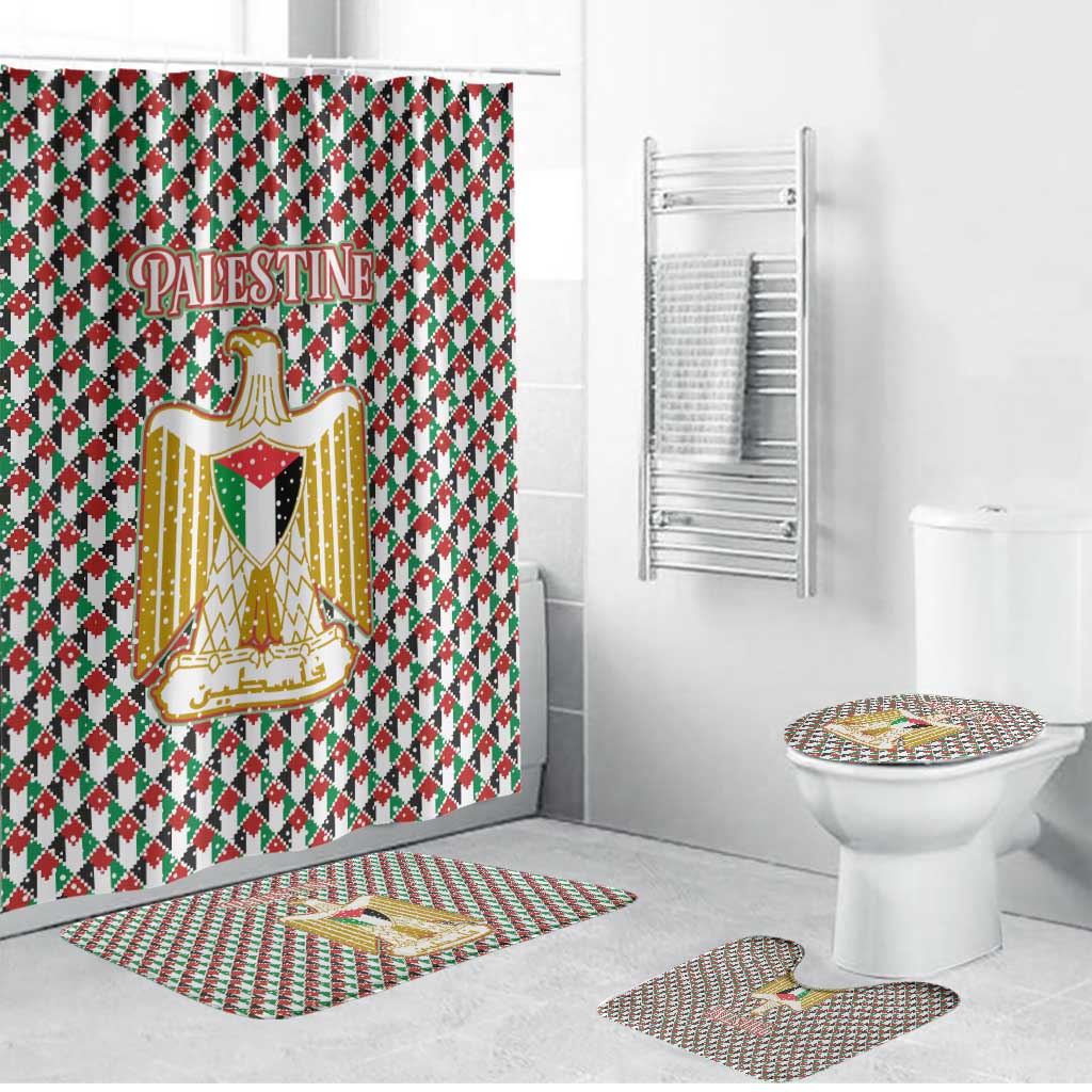 Palestine Christmas Bathroom Set with Red-Green Pattern, Golden Eagle Emblem, and Jesus Holding Flag Motif - Wonder Print Shop