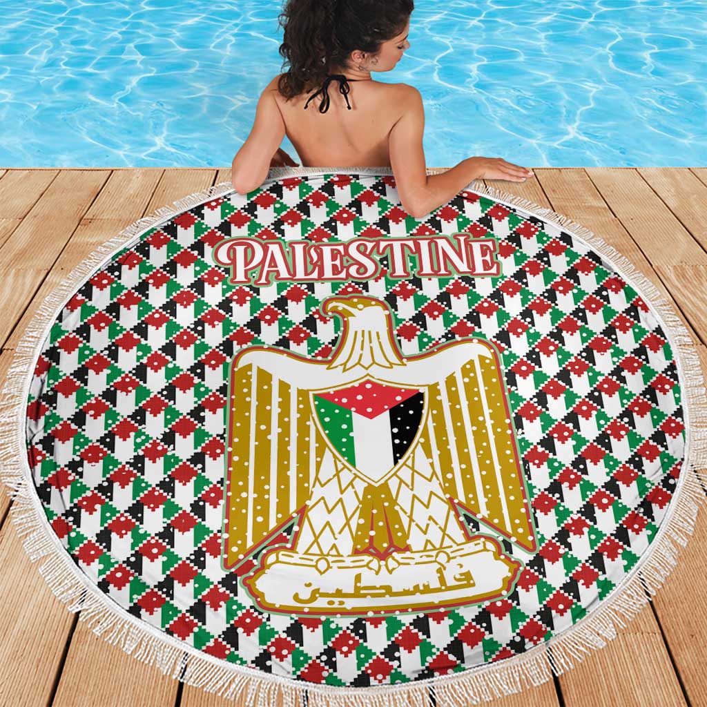 Palestine Christmas Beach Blanket with Red-Green Pattern, Golden Eagle Emblem, and Jesus Holding Flag Motif - Wonder Print Shop