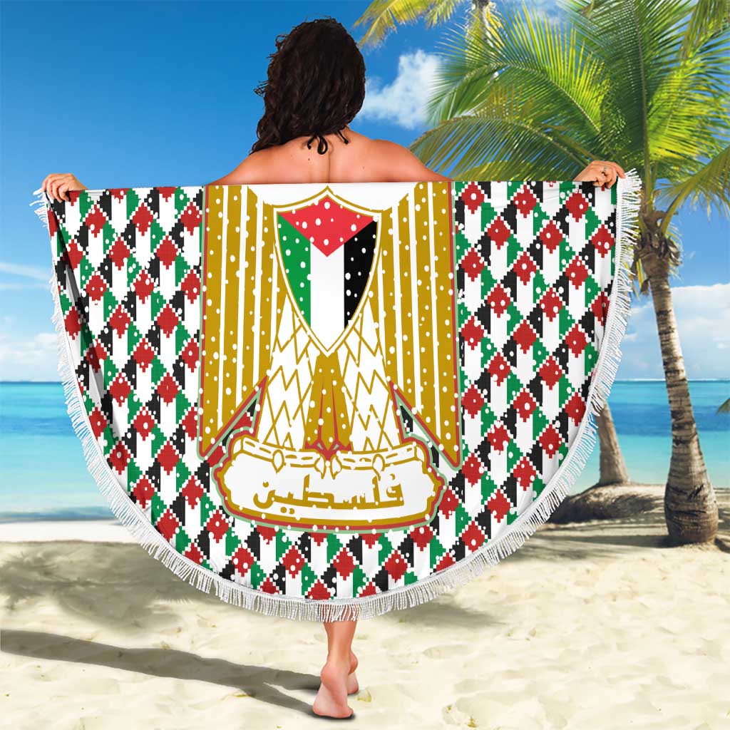 Palestine Christmas Beach Blanket with Red-Green Pattern, Golden Eagle Emblem, and Jesus Holding Flag Motif - Wonder Print Shop