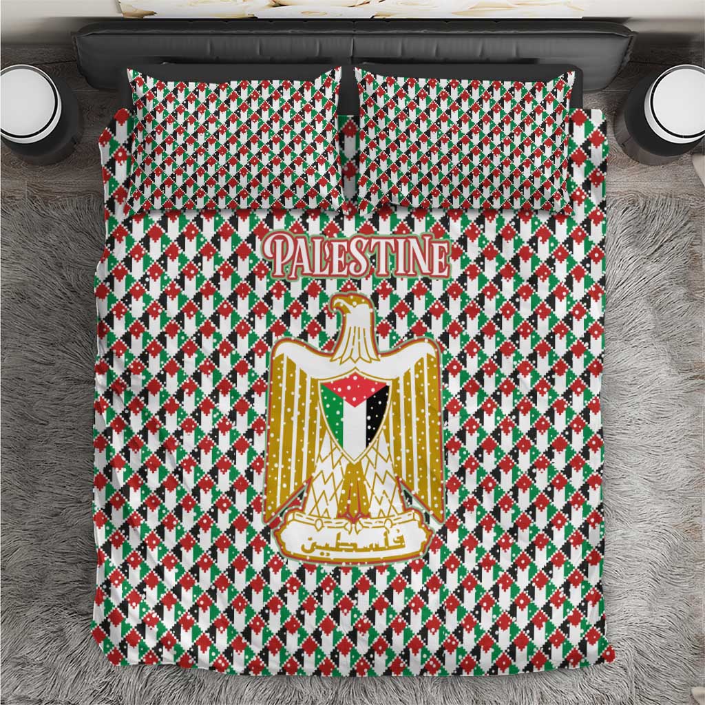 Palestine Christmas Bedding Set with Red-Green Pattern, Golden Eagle Emblem, and Jesus Holding Flag Motif - Wonder Print Shop