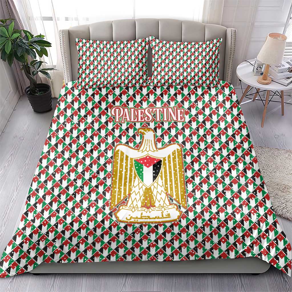 Palestine Christmas Bedding Set with Red-Green Pattern, Golden Eagle Emblem, and Jesus Holding Flag Motif - Wonder Print Shop