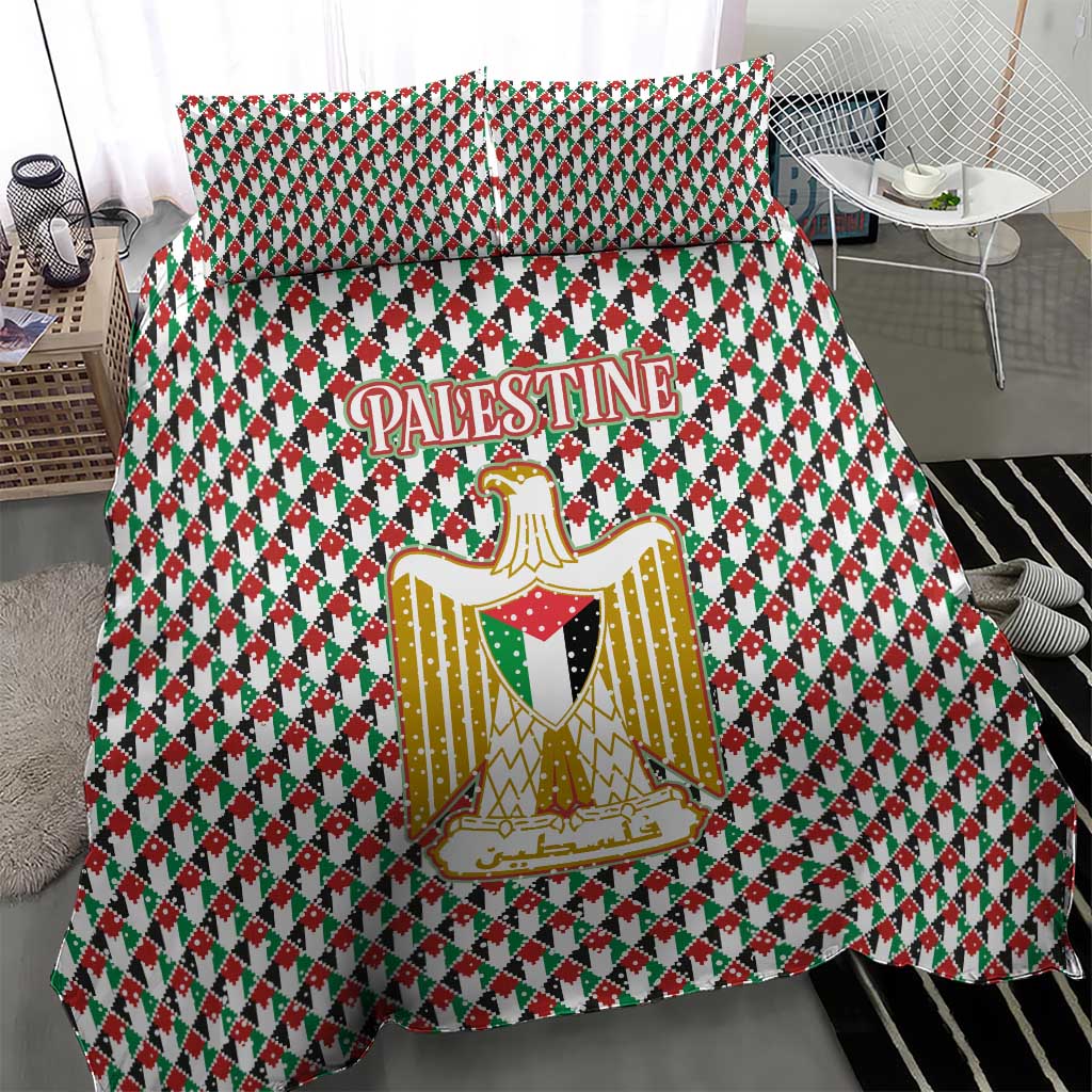 Palestine Christmas Bedding Set with Red-Green Pattern, Golden Eagle Emblem, and Jesus Holding Flag Motif - Wonder Print Shop