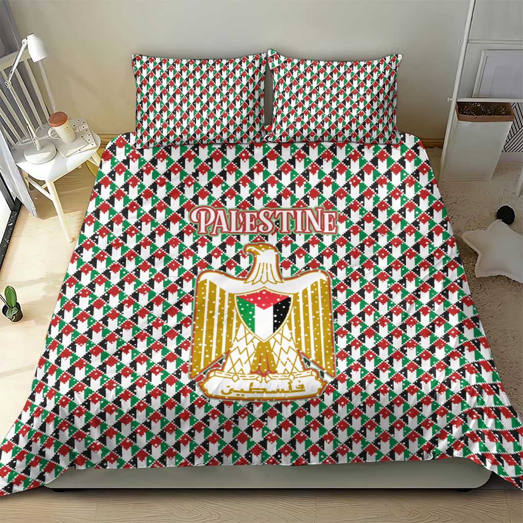 Palestine Christmas Bedding Set with Red-Green Pattern, Golden Eagle Emblem, and Jesus Holding Flag Motif - Wonder Print Shop