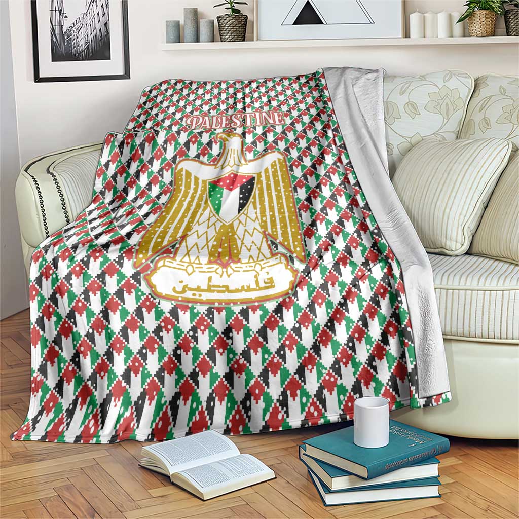 Palestine Christmas Blanket with Red-Green Pattern, Golden Eagle Emblem, and Jesus Holding Flag Motif - Wonder Print Shop