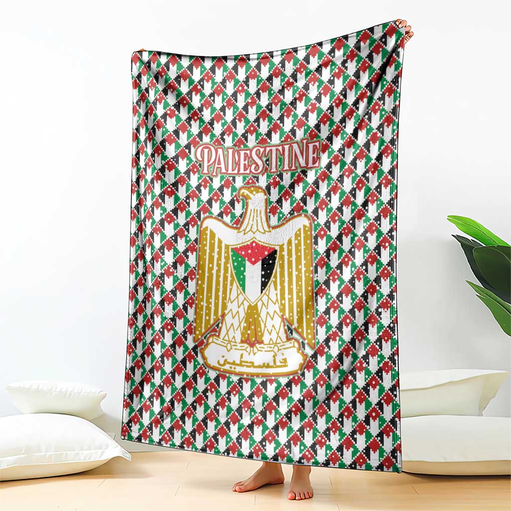 Palestine Christmas Blanket with Red-Green Pattern, Golden Eagle Emblem, and Jesus Holding Flag Motif - Wonder Print Shop