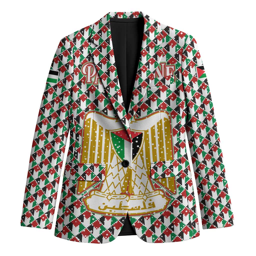 Palestine Christmas Blazer with Red-Green Pattern, Golden Eagle Emblem, and Jesus Holding Flag Motif - Wonder Print Shop