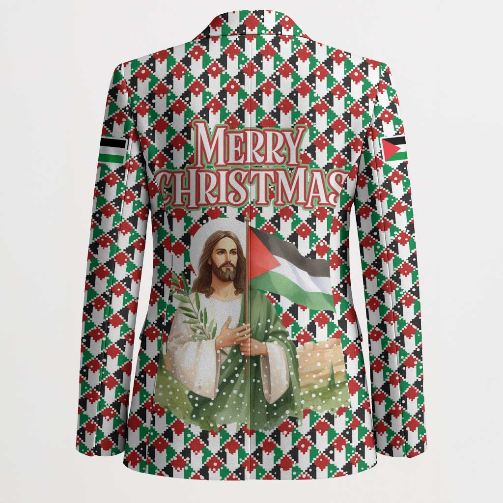Palestine Christmas Blazer with Red-Green Pattern, Golden Eagle Emblem, and Jesus Holding Flag Motif - Wonder Print Shop