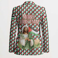 Palestine Christmas Blazer with Red-Green Pattern, Golden Eagle Emblem, and Jesus Holding Flag Motif - Wonder Print Shop