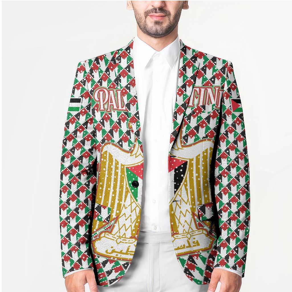 Palestine Christmas Blazer with Red-Green Pattern, Golden Eagle Emblem, and Jesus Holding Flag Motif - Wonder Print Shop