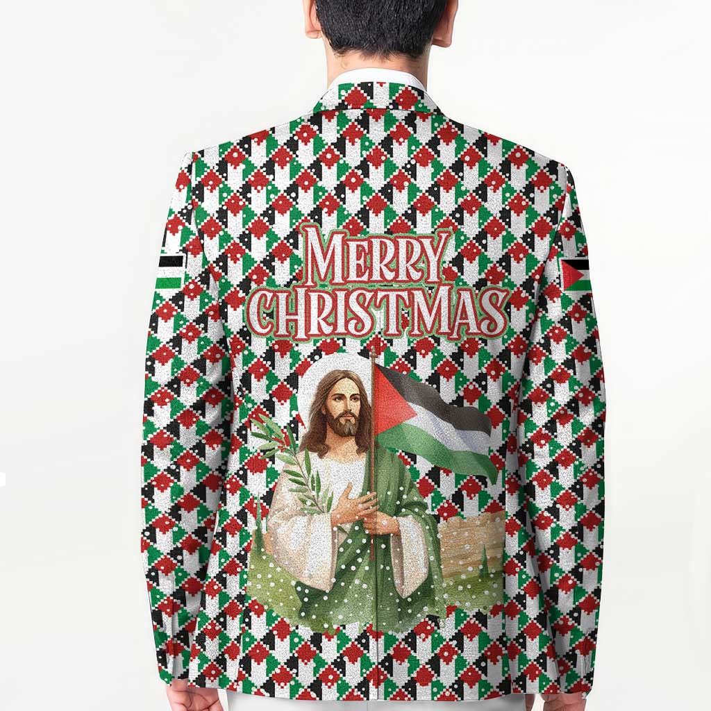 Palestine Christmas Blazer with Red-Green Pattern, Golden Eagle Emblem, and Jesus Holding Flag Motif - Wonder Print Shop