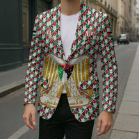 Palestine Christmas Blazer with Red-Green Pattern, Golden Eagle Emblem, and Jesus Holding Flag Motif - Wonder Print Shop