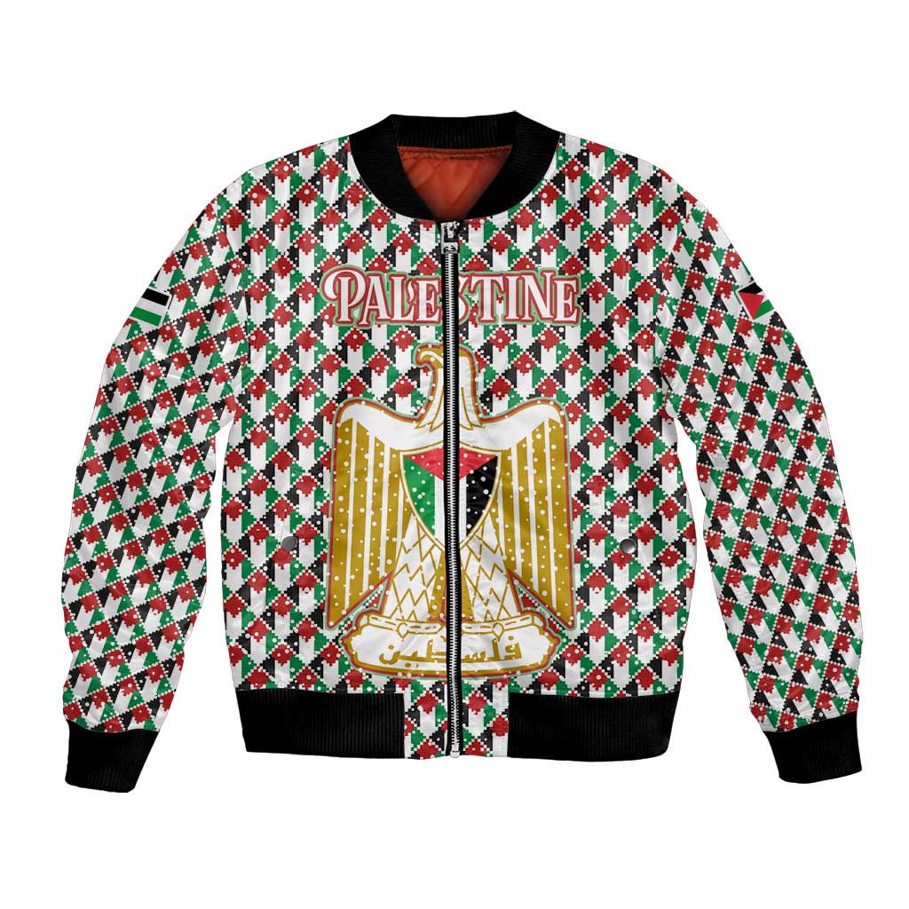 Palestine Christmas Bomber Jacket with Red-Green Pattern, Golden Eagle Emblem, and Jesus Holding Flag Motif - Wonder Print Shop