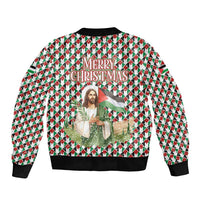 Palestine Christmas Bomber Jacket with Red-Green Pattern, Golden Eagle Emblem, and Jesus Holding Flag Motif - Wonder Print Shop