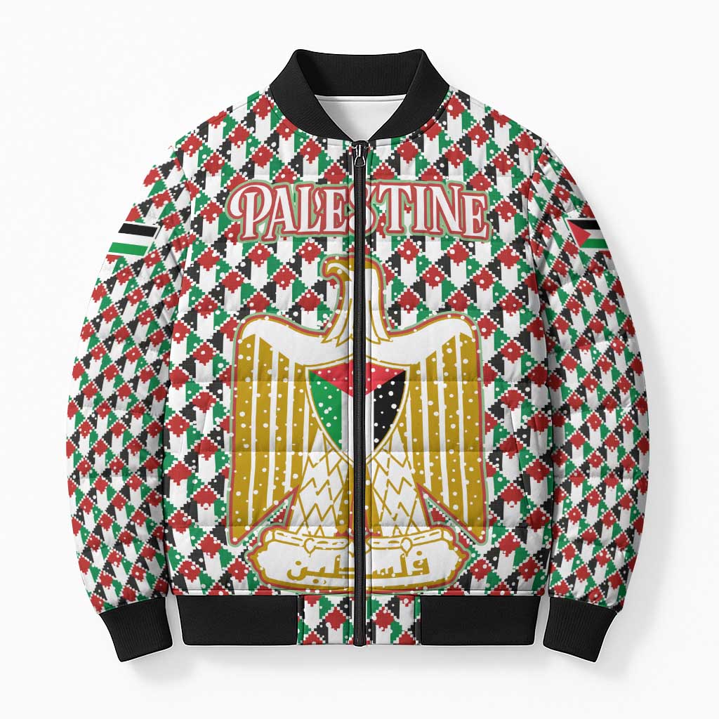 Palestine Christmas Bomber Puffer Jacket with Red-Green Pattern, Golden Eagle Emblem, and Jesus Holding Flag Motif - Wonder Print Shop