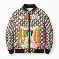 Palestine Christmas Bomber Puffer Jacket with Red-Green Pattern, Golden Eagle Emblem, and Jesus Holding Flag Motif - Wonder Print Shop