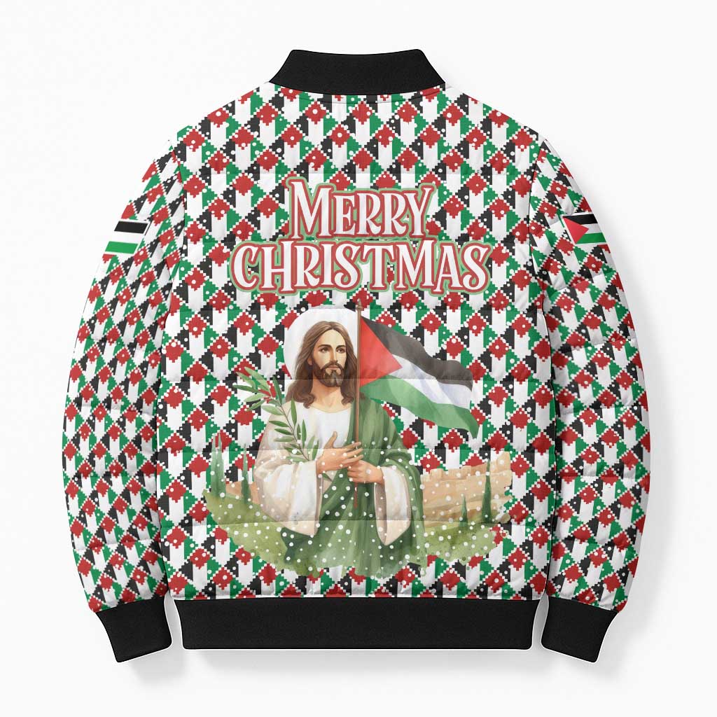 Palestine Christmas Bomber Puffer Jacket with Red-Green Pattern, Golden Eagle Emblem, and Jesus Holding Flag Motif - Wonder Print Shop