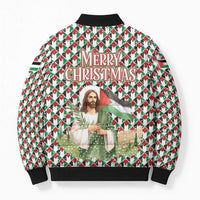 Palestine Christmas Bomber Puffer Jacket with Red-Green Pattern, Golden Eagle Emblem, and Jesus Holding Flag Motif - Wonder Print Shop
