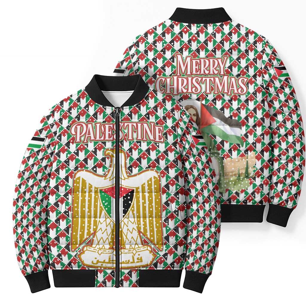 Palestine Christmas Bomber Puffer Jacket with Red-Green Pattern, Golden Eagle Emblem, and Jesus Holding Flag Motif - Wonder Print Shop