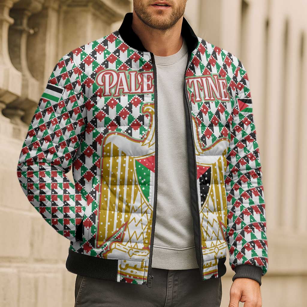 Palestine Christmas Bomber Puffer Jacket with Red-Green Pattern, Golden Eagle Emblem, and Jesus Holding Flag Motif - Wonder Print Shop
