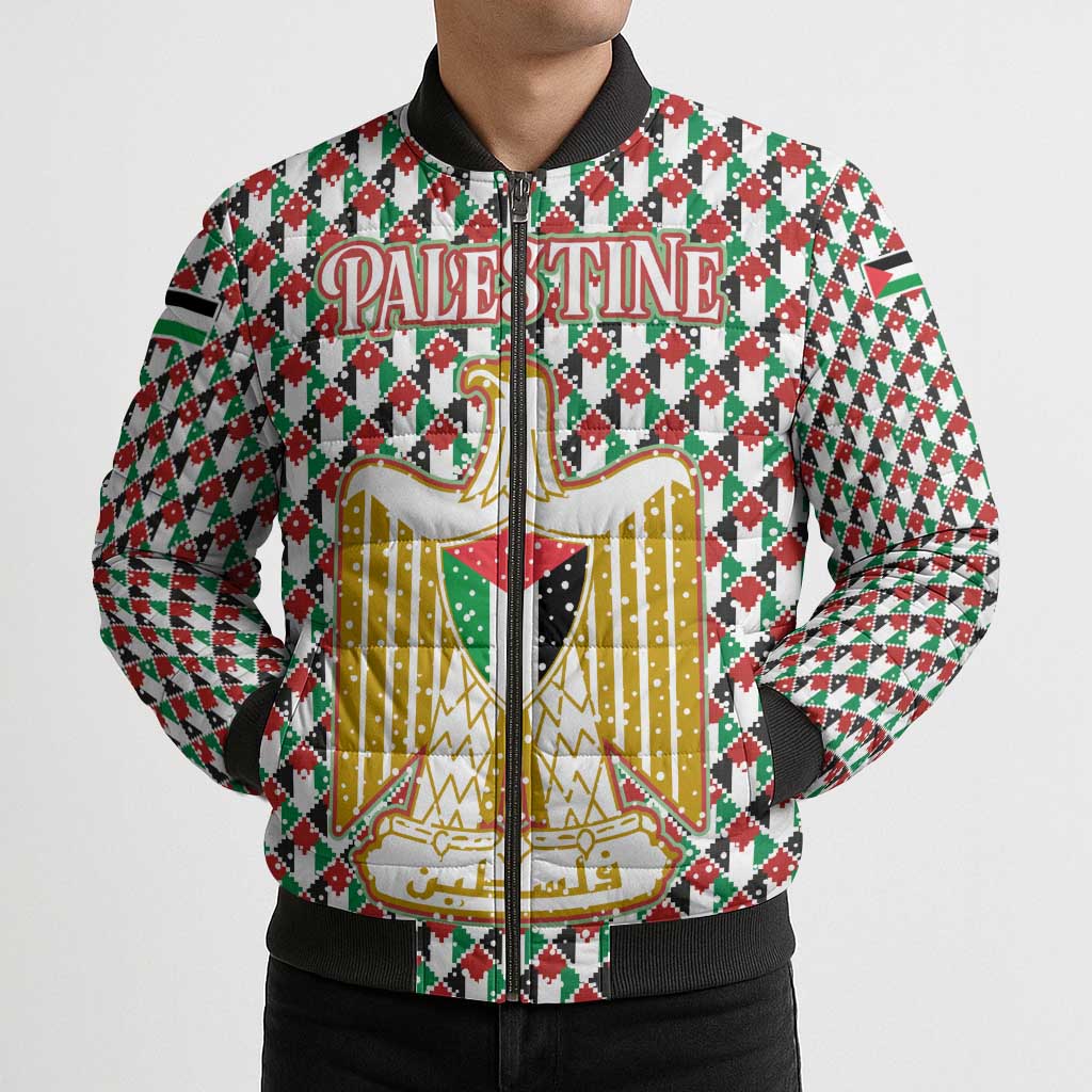 Palestine Christmas Bomber Puffer Jacket with Red-Green Pattern, Golden Eagle Emblem, and Jesus Holding Flag Motif - Wonder Print Shop