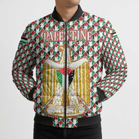 Palestine Christmas Bomber Puffer Jacket with Red-Green Pattern, Golden Eagle Emblem, and Jesus Holding Flag Motif - Wonder Print Shop