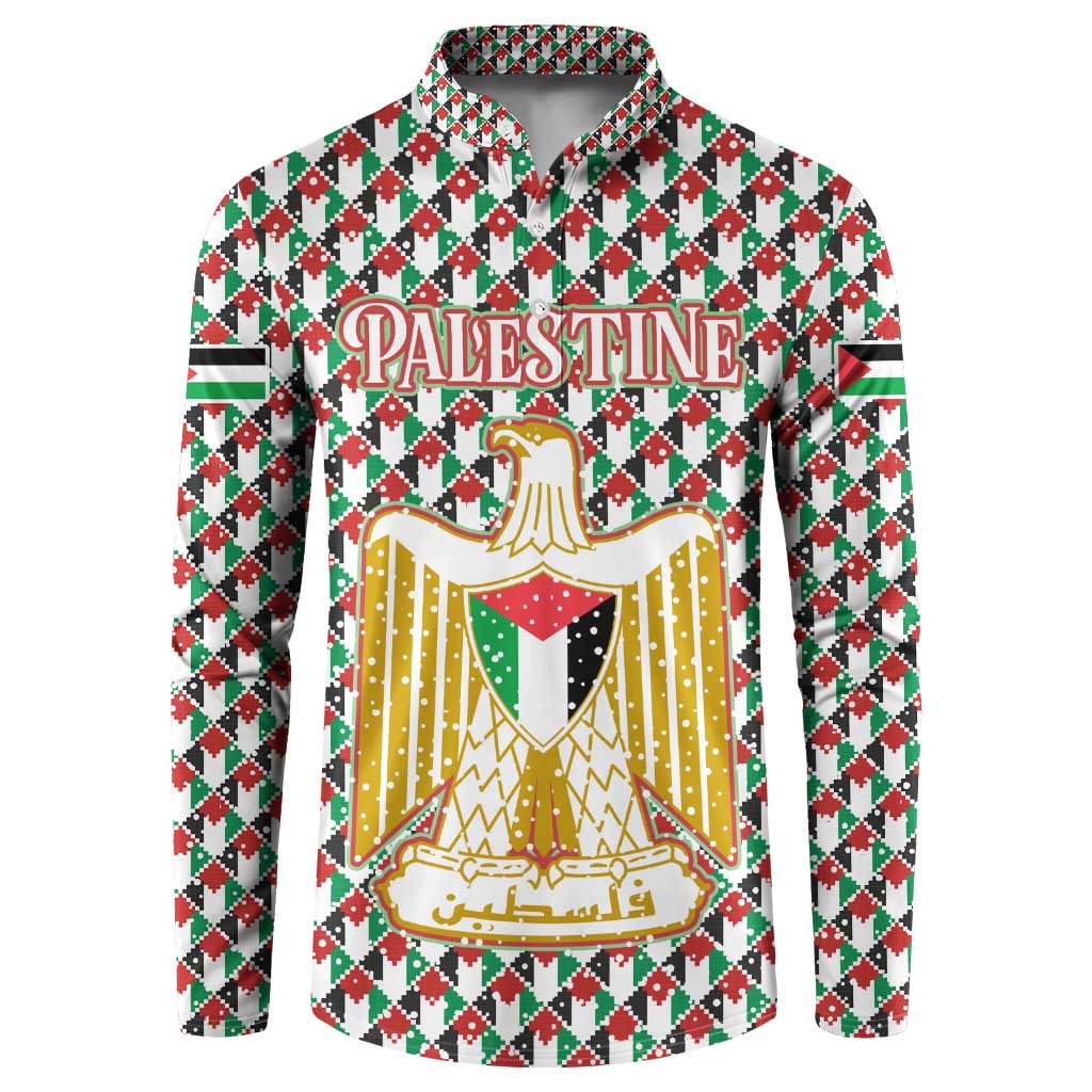 Palestine Christmas Button Sweatshirt with Red-Green Pattern, Golden Eagle Emblem, and Jesus Holding Flag Motif - Wonder Print Shop