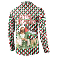 Palestine Christmas Button Sweatshirt with Red-Green Pattern, Golden Eagle Emblem, and Jesus Holding Flag Motif - Wonder Print Shop
