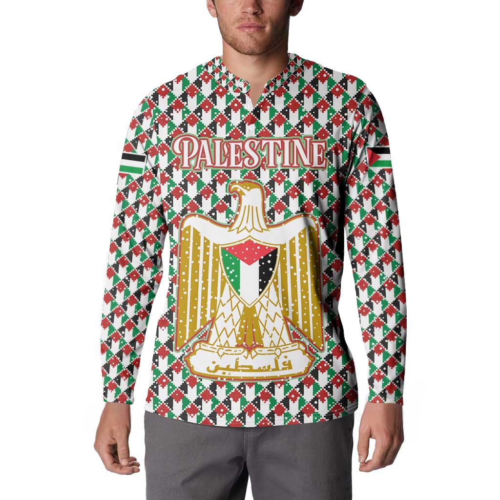 Palestine Christmas Button Sweatshirt with Red-Green Pattern, Golden Eagle Emblem, and Jesus Holding Flag Motif - Wonder Print Shop
