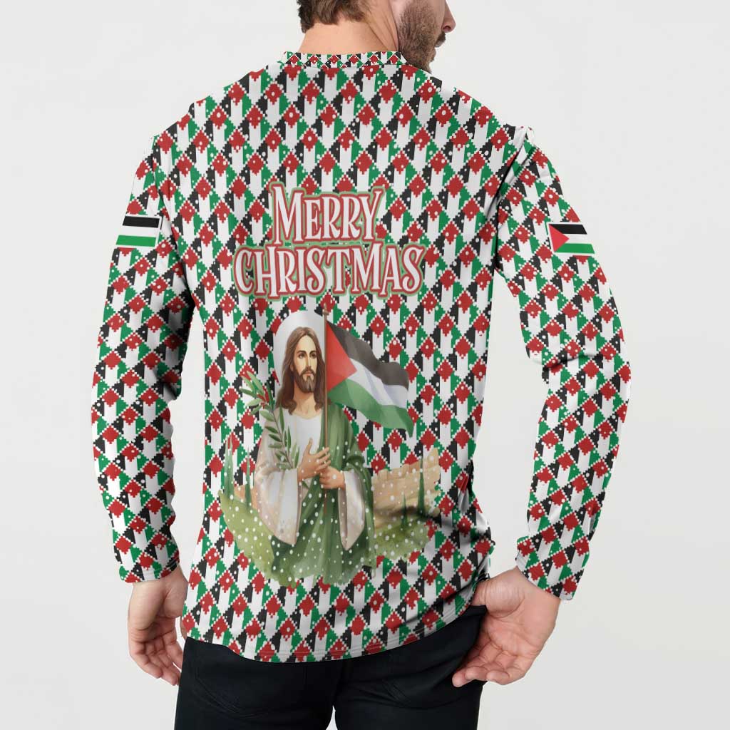Palestine Christmas Button Sweatshirt with Red-Green Pattern, Golden Eagle Emblem, and Jesus Holding Flag Motif - Wonder Print Shop