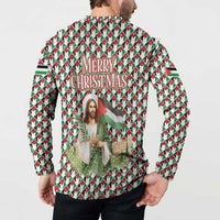 Palestine Christmas Button Sweatshirt with Red-Green Pattern, Golden Eagle Emblem, and Jesus Holding Flag Motif - Wonder Print Shop