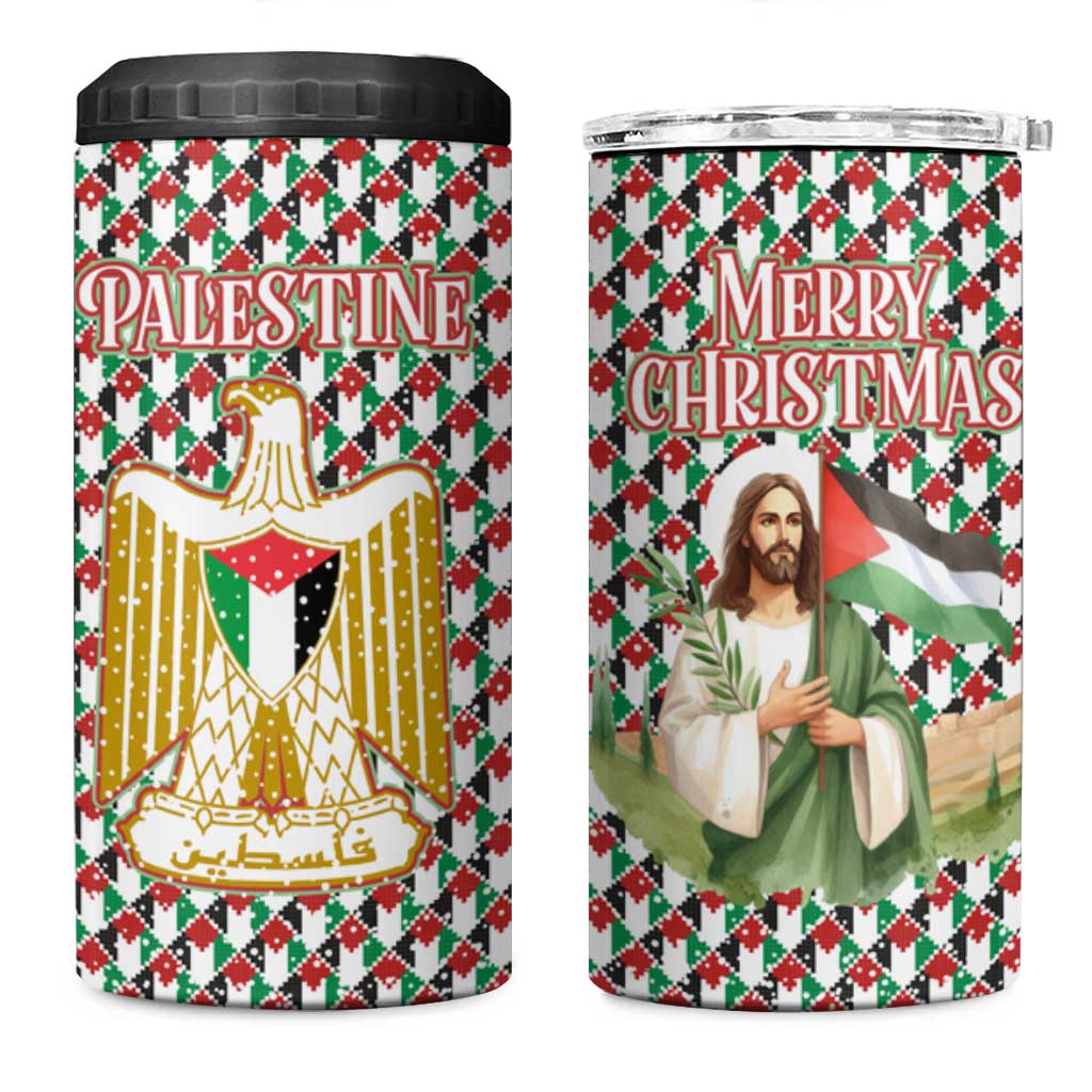 Palestine Christmas 4 in 1 Can Cooler Tumbler with Red-Green Pattern, Golden Eagle Emblem, and Jesus Holding Flag Motif - Wonder Print Shop