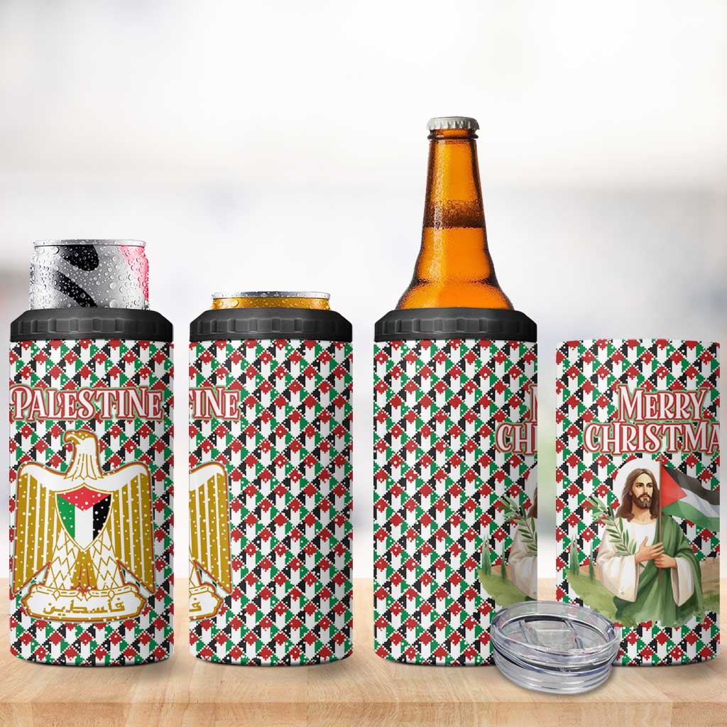 Palestine Christmas 4 in 1 Can Cooler Tumbler with Red-Green Pattern, Golden Eagle Emblem, and Jesus Holding Flag Motif - Wonder Print Shop