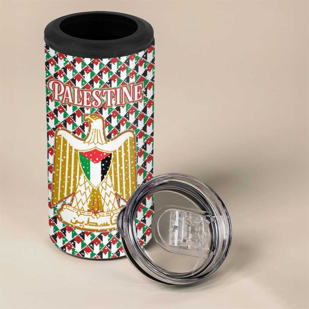 Palestine Christmas 4 in 1 Can Cooler Tumbler with Red-Green Pattern, Golden Eagle Emblem, and Jesus Holding Flag Motif - Wonder Print Shop