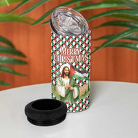 Palestine Christmas 4 in 1 Can Cooler Tumbler with Red-Green Pattern, Golden Eagle Emblem, and Jesus Holding Flag Motif - Wonder Print Shop