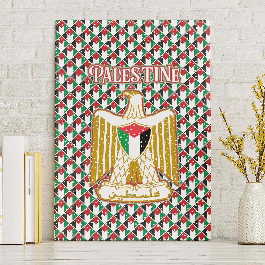 Palestine Christmas Canvas Wall Art with Red-Green Pattern, Golden Eagle Emblem, and Jesus Holding Flag Motif - Wonder Print Shop