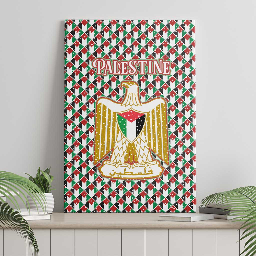 Palestine Christmas Canvas Wall Art with Red-Green Pattern, Golden Eagle Emblem, and Jesus Holding Flag Motif - Wonder Print Shop