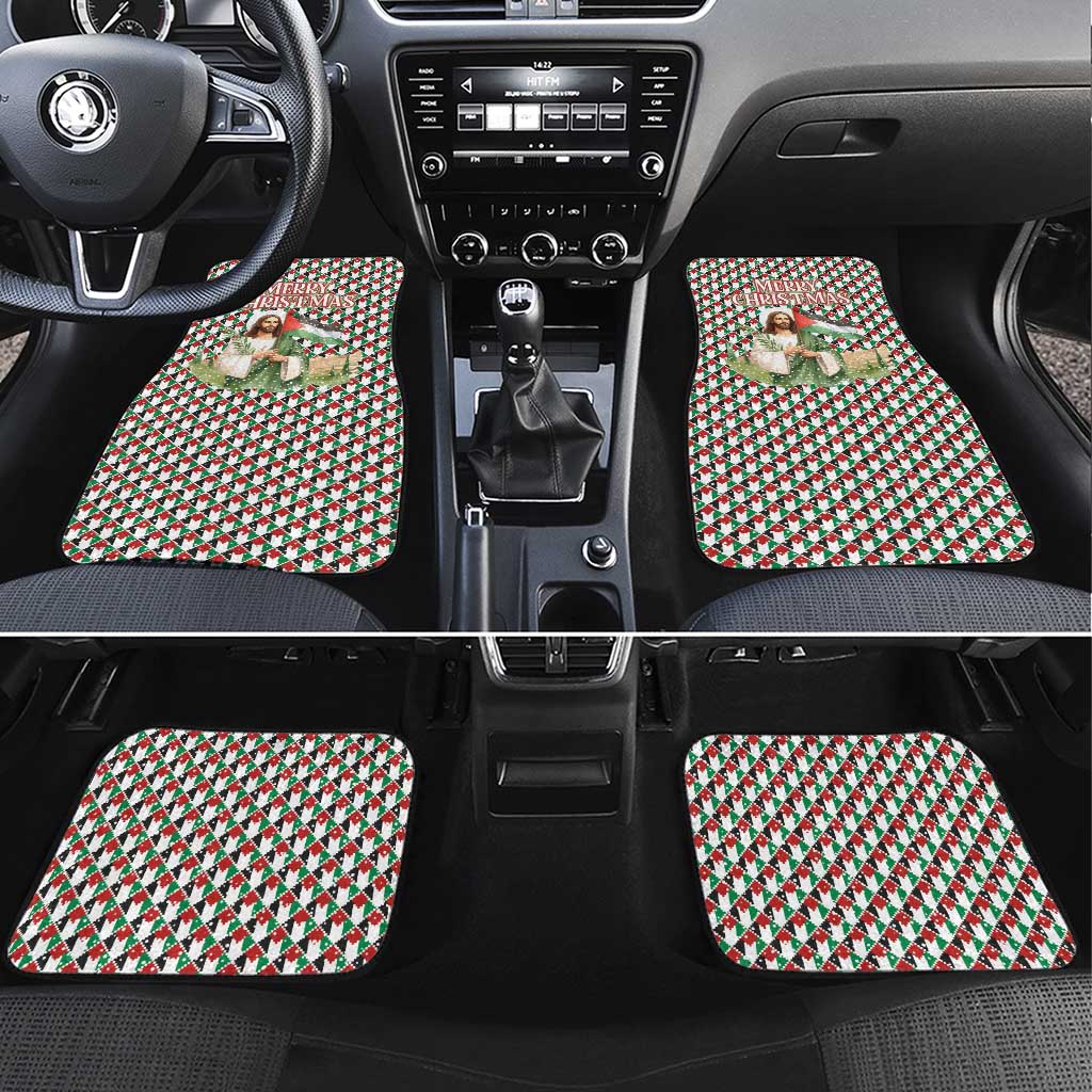 Palestine Christmas Car Mats with Red-Green Pattern, Golden Eagle Emblem, and Jesus Holding Flag Motif - Wonder Print Shop