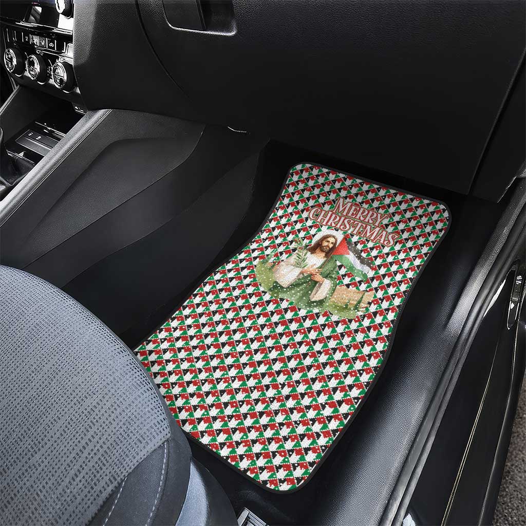 Palestine Christmas Car Mats with Red-Green Pattern, Golden Eagle Emblem, and Jesus Holding Flag Motif - Wonder Print Shop