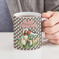 Palestine Christmas Ceramic Mug with Red-Green Pattern, Golden Eagle Emblem, and Jesus Holding Flag Motif - Wonder Print Shop