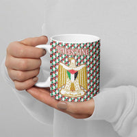 Palestine Christmas Ceramic Mug with Red-Green Pattern, Golden Eagle Emblem, and Jesus Holding Flag Motif - Wonder Print Shop