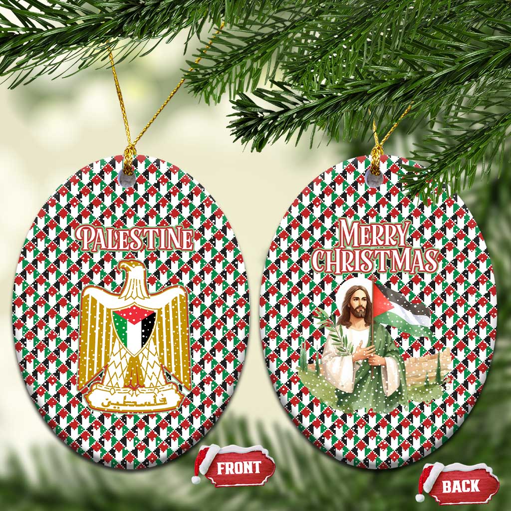 Palestine Christmas Ceramic Ornament with Red-Green Pattern, Golden Eagle Emblem, and Jesus Holding Flag Motif - Wonder Print Shop