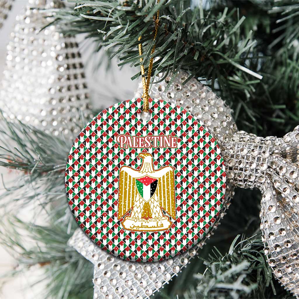 Palestine Christmas Ceramic Ornament with Red-Green Pattern, Golden Eagle Emblem, and Jesus Holding Flag Motif - Wonder Print Shop