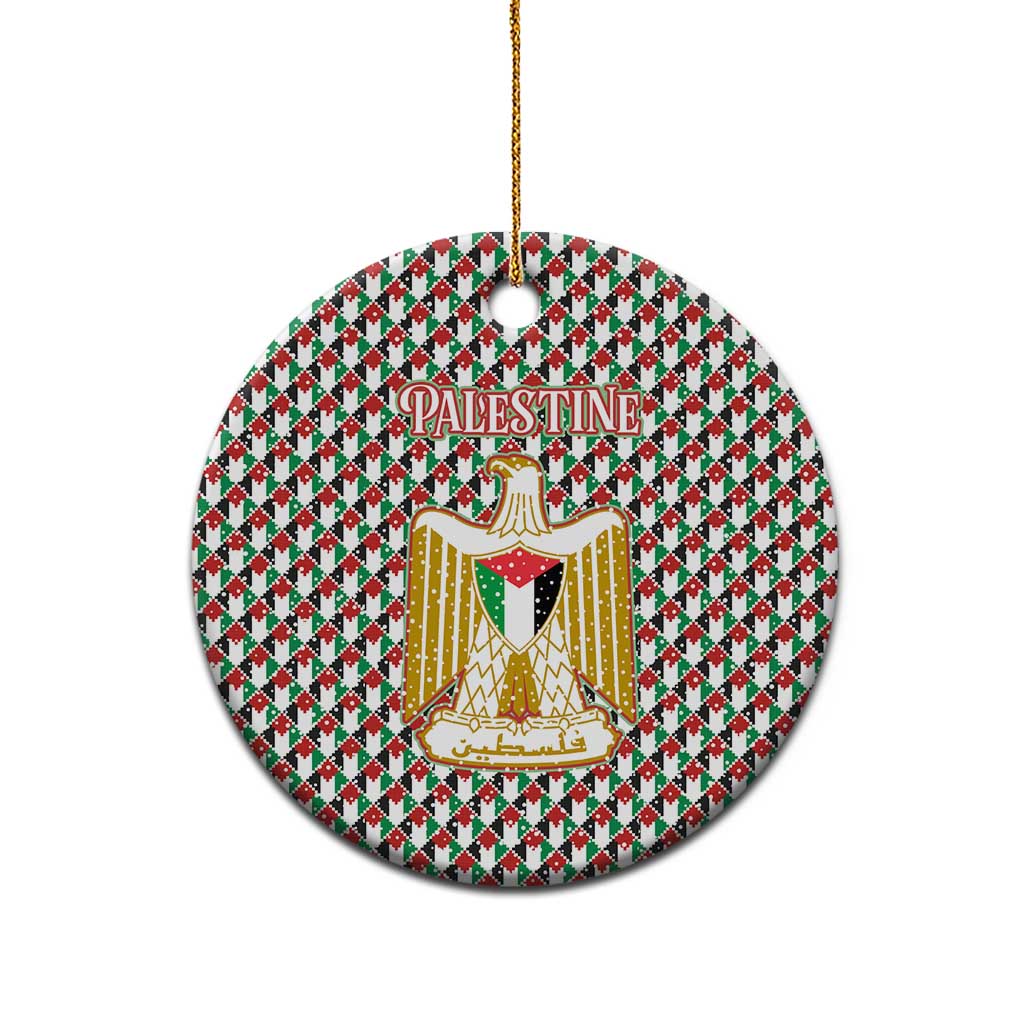 Palestine Christmas Ceramic Ornament with Red-Green Pattern, Golden Eagle Emblem, and Jesus Holding Flag Motif - Wonder Print Shop