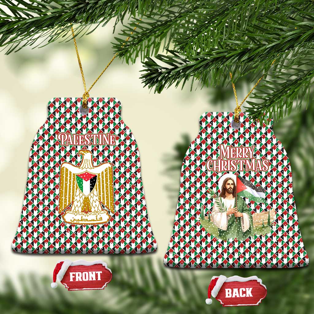 Palestine Christmas Ceramic Ornament with Red-Green Pattern, Golden Eagle Emblem, and Jesus Holding Flag Motif - Wonder Print Shop